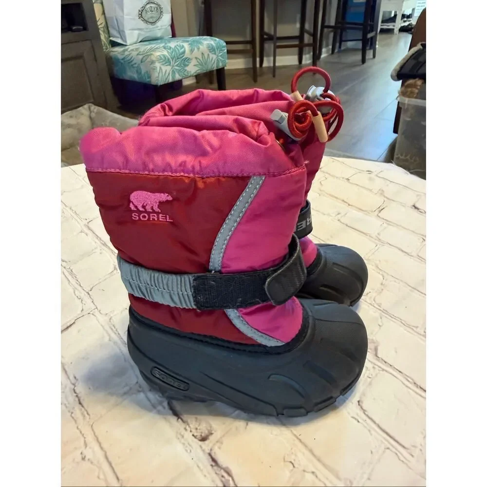 Sorel Kids Size 8 Flurry Durable Snow Boots Red Pink Winter Water Resistant